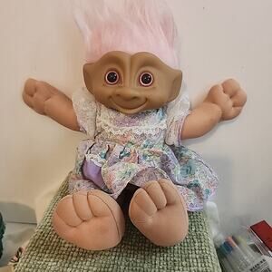 1991 Treasure Troll Doll Plush 16” Pink Hair Floral Dress Ace Novelty Co.
